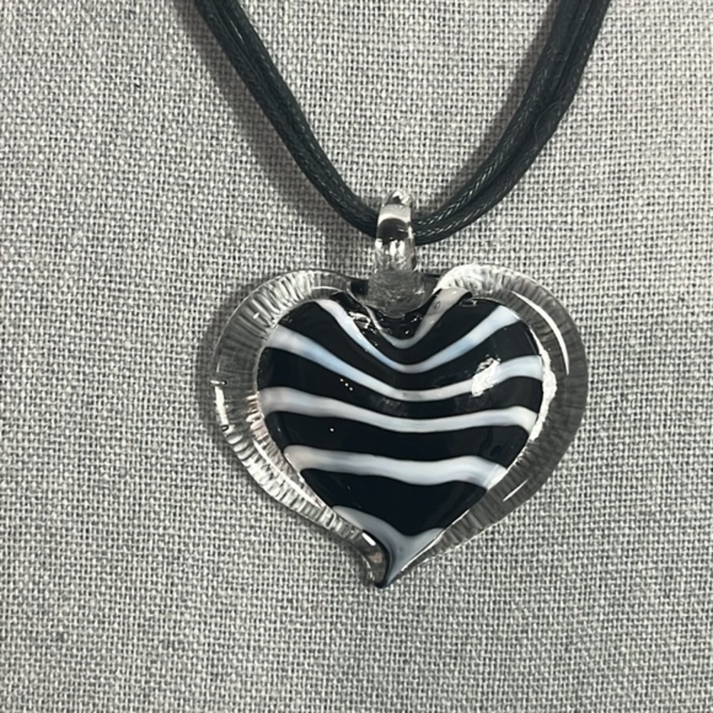 Y2K Art Glass Zebra Heart Pendant on a Rope Necklace